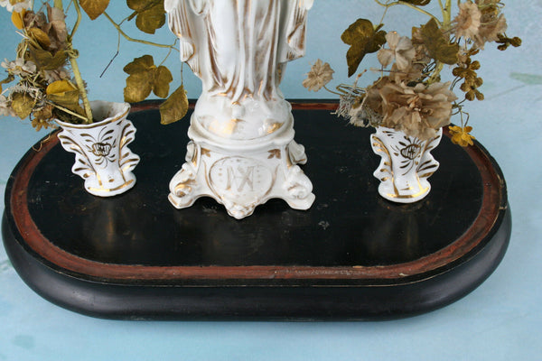 French VIEUX OLD PARIS MAdonna figurine victorian manner artsilk flowers vases