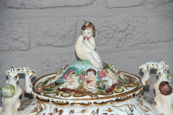 huge italian capodimonte marked porcelain centerpiece lidded bowl vase putti