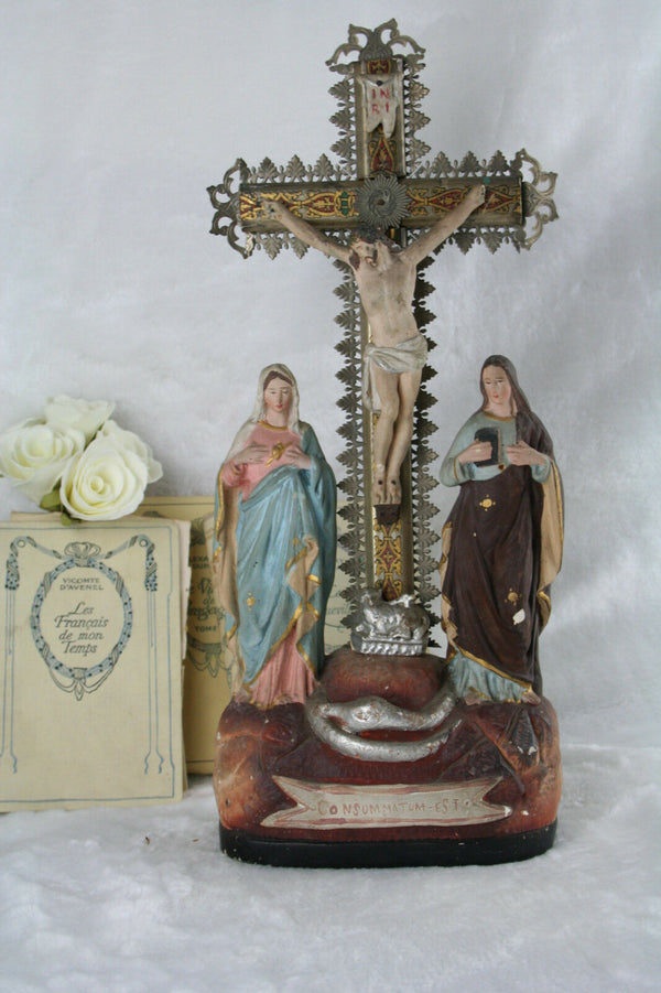 Antique French Plaster chalkware crucifix calvary biscuit Mary MAgdalena Christ