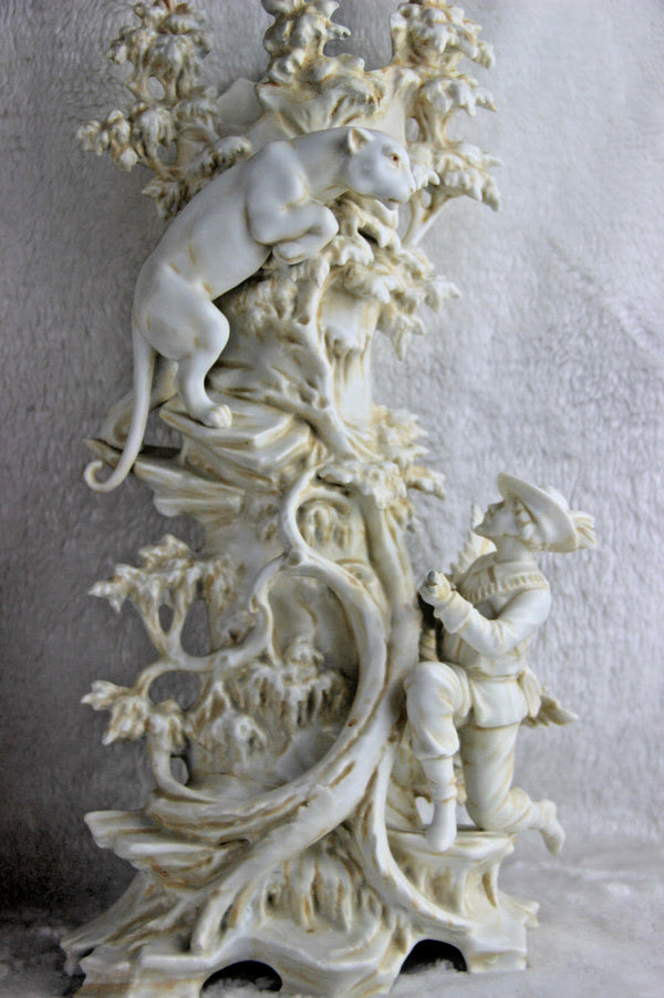 RARE 1900 French Bisque porcelain hunting set of 3 Vases lion panther scenes