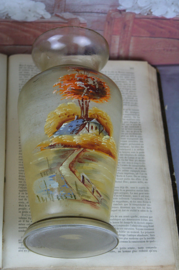 PAIR French Glass painted Vases circa 1950 landscape farm mill