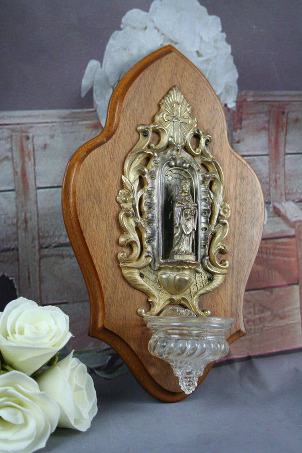 Antique FRench 1900 Brass Bronze Holy water font benitier  Louis XV wood plaque