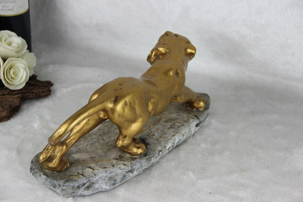 French art deco chalware gold gilt panther tiger sculpture 1930's