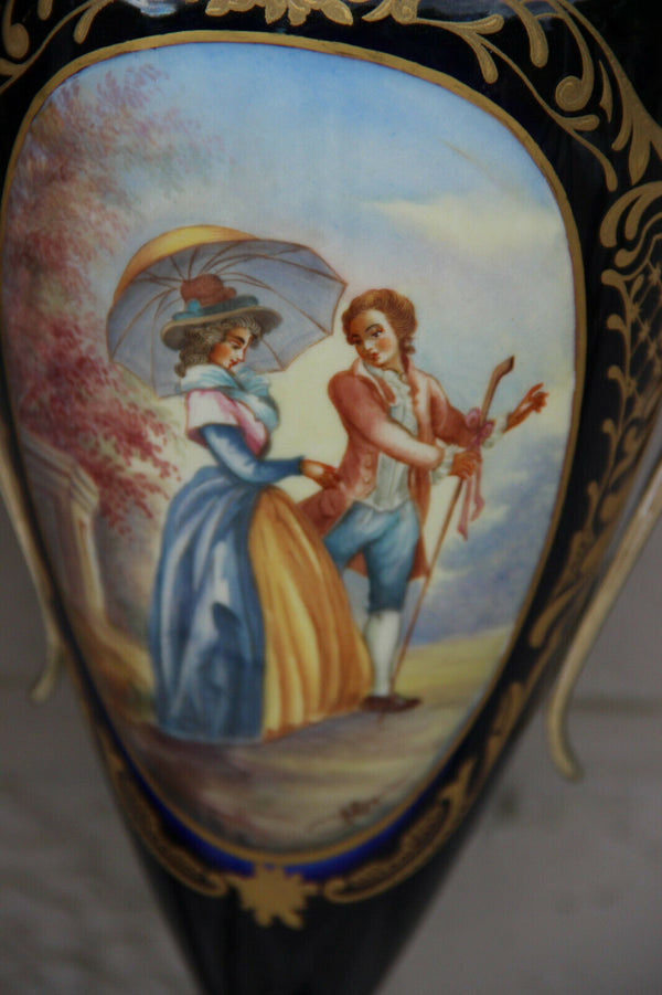 XL pair French sevres blue porcelain romantic victorian Vases marked lion head