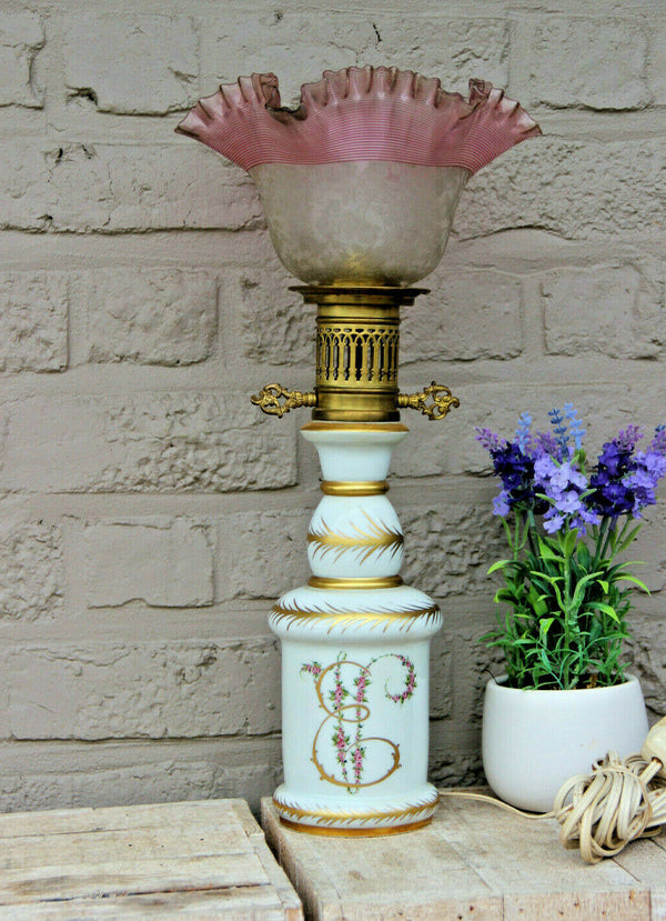 Antique French LIMOGES marked porcelain floral oil table lamp glass shade