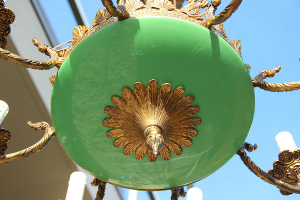 French Brass enamel Green Empire 8 arms chandelier pendant 1950