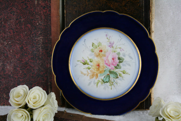 Vintage French 1960 hand paint porcelain floral plate cobalt blue