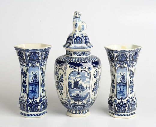 SET Blue - white pottery Delft  Mills Landscape Vases set marked made by BOCH