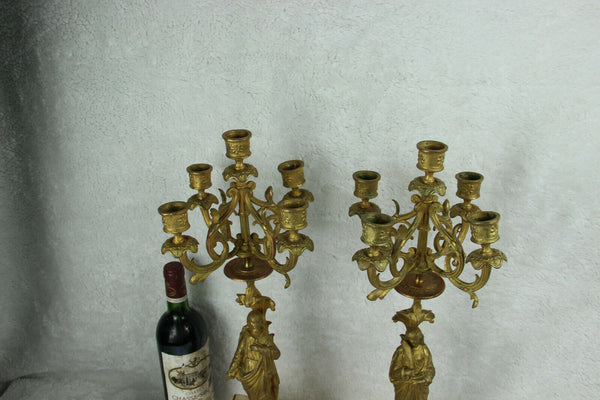 Antique French PAIR spelter madonna joseph Candelabras onyx marble saint