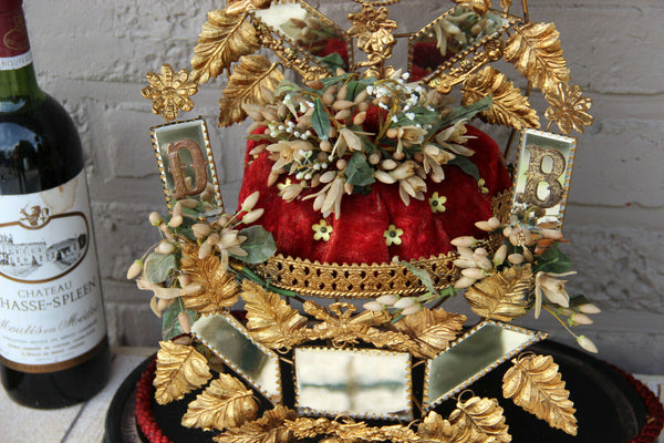Antique Victorian Bridal wedding dome Globe Glass with tiara wax initials