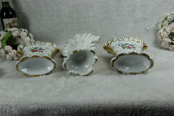 Antique French vieux paris porcelain vases set of 3 hand paint floral