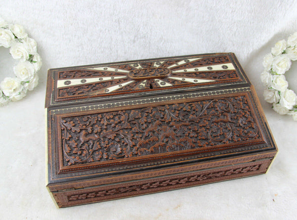 Rare Antique German hunting theme birds dogs Writing box set inlaid wood carved