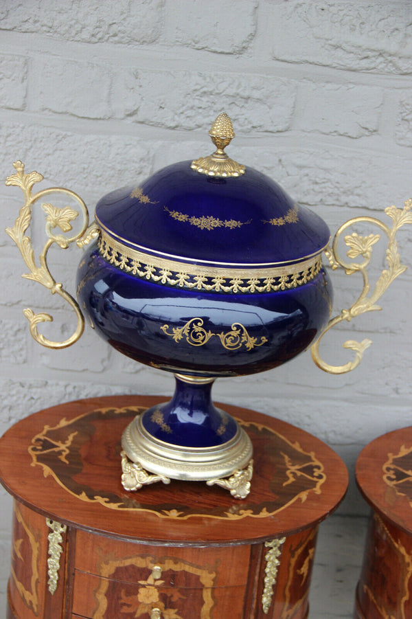 huge French cobalt blue porcelain centerpiece lidded bowl victorian scene