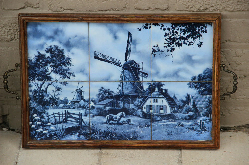 Vintage DELFT Blue white pottery tiles landscape scene serving tray plate