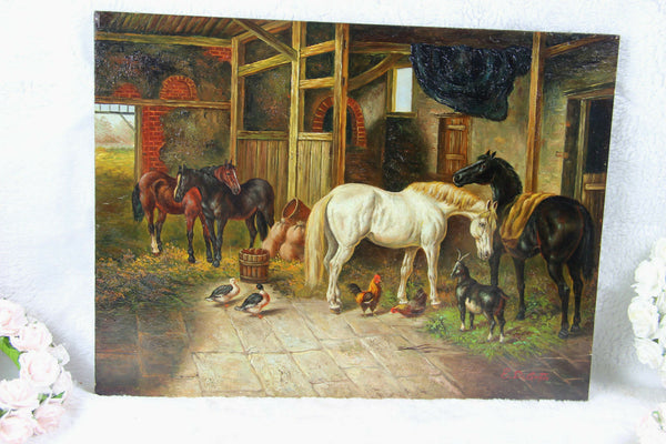 Flemish oil On panel painting farm stable scene horse chicken ducks animals 1960