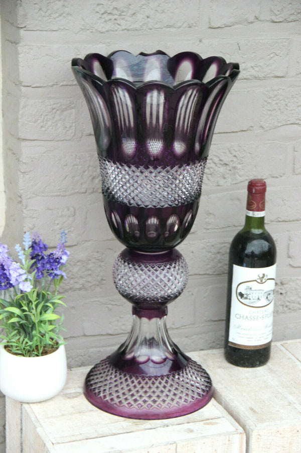 XXL Amethyst purple Bohamia 2 parts crystal glass cut vase centerpiece 1960