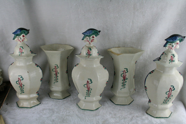 Antique Vases French Set 5 polychrome pottery  QUIMPER Vases