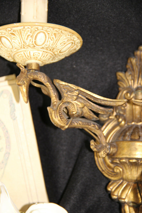PAIR antique French brass Phoenix bird mythological Wall lights sconces rare