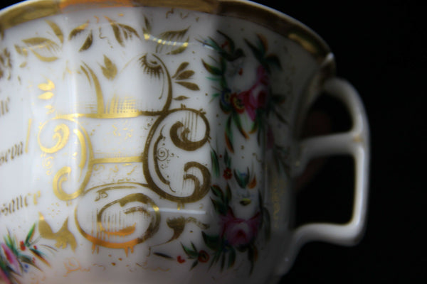 antique vieux paris porcelain tea coffee cup plate with text