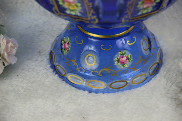 Antique Bohemian Moser enamel blue glass coupe centerpiece bowl flowers