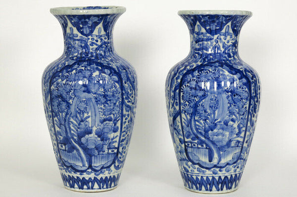 PAIR antique japanese porcelain birds floral Vases