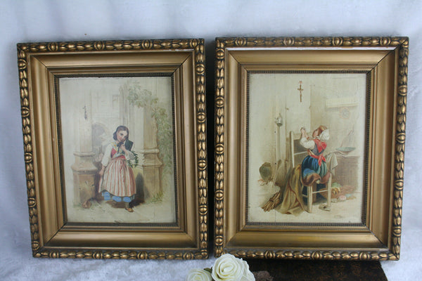 PAIR Gorgeous French Master unsigned Oil panel girls school  nun 1940