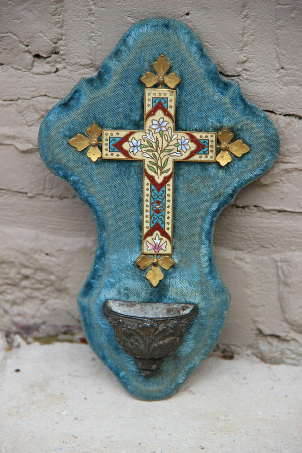 Antique French cloisonne enamel Crucifix holy water font turquoise velvet