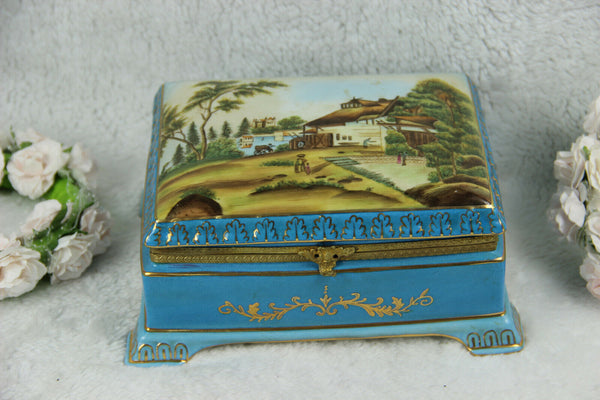 French Blue lidded Box landscape in sevres porcelain