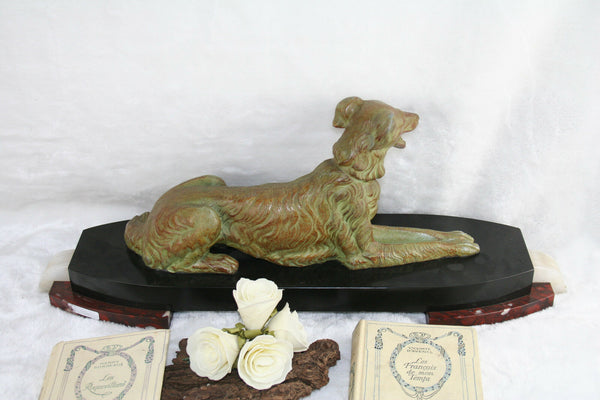 XL ART DECO 1930 French Whippet greyhound Spelter green bronze patina marble