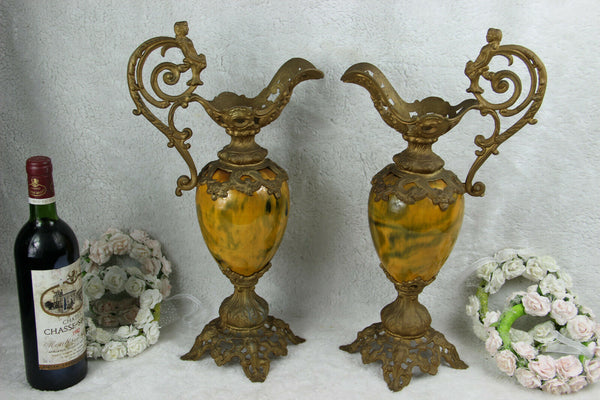 PAIR antique spelter bronze faience French ewer pitcher Vases putti figurines