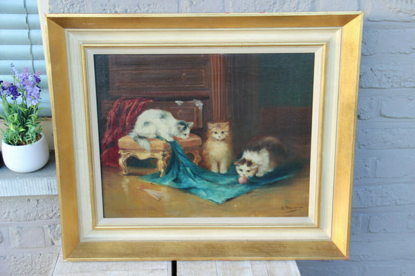 Flemish school oil canvas kittens cats animal painting signed Merson 1950s n2
