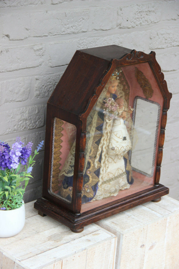 Antique French wood carved marked chapel with madonna child wax velvet glas