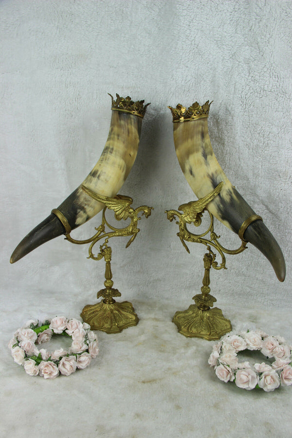 PAIR antique XL Bronze gothic dragon Cornucopia horn statue