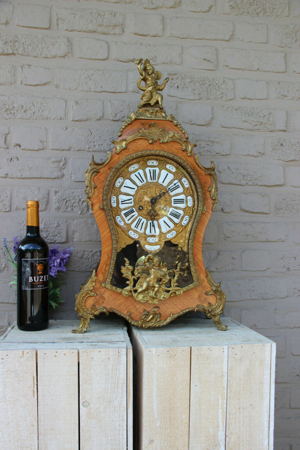 Huge French Boulle Cartel Mantel clock putti  bronze wood inlaid