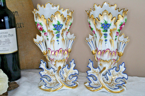 Antique 19thC PAIR vieux paris porcelain floral decor Vases style de Jacob petit