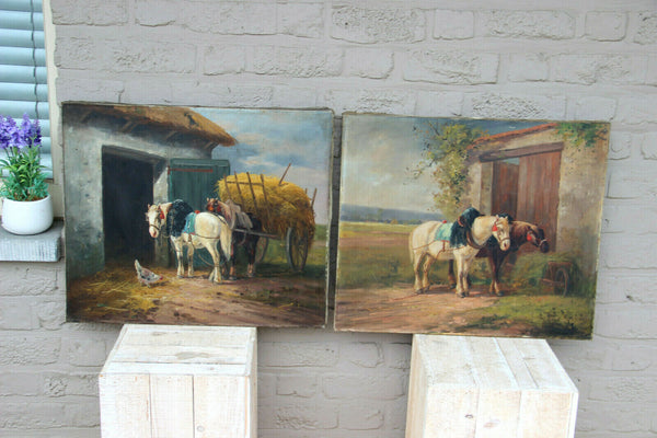 PAIR antique oil canvas painting horses equestrian signed E Fromentin 19thc