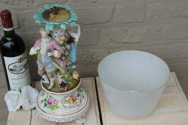 Antique German porcelain marked relief floral decor couple figurines Vase lamp