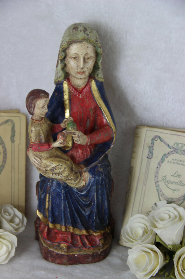 old European wood carved polychrome Madonna statue religious 1940's