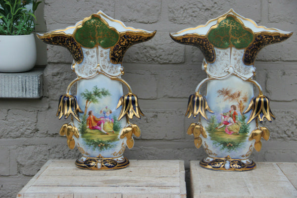 PAIR vieux paris porcelain Vases 19thc hand paint victorian decor