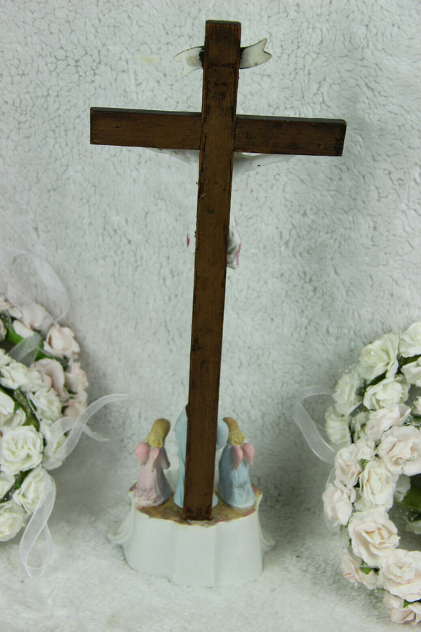 Antique Religious vieux paris  porcelain Crucifix Cross christ Angels mary