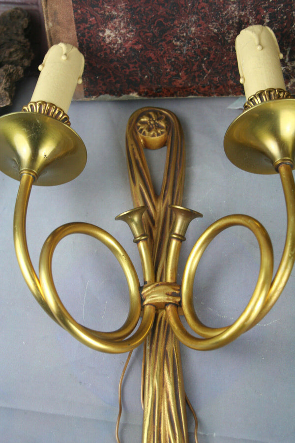 PAIR hunting horn brass 2 arms sconces wall ligts lamp 1920 French
