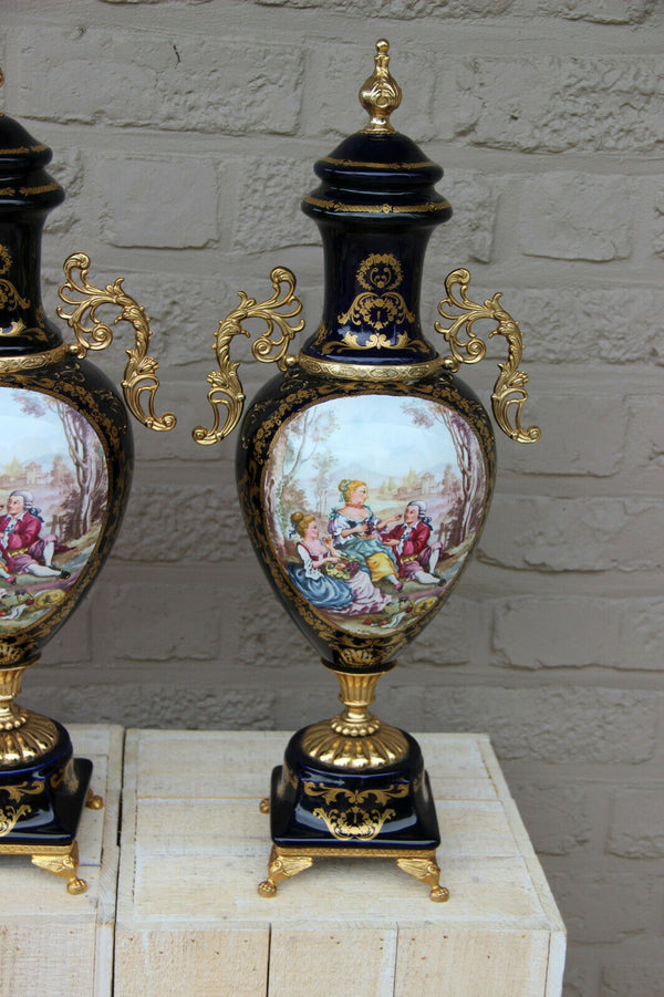 PAIR Cobalt blue porcelain Vases victorian romantic scenes marked 1960