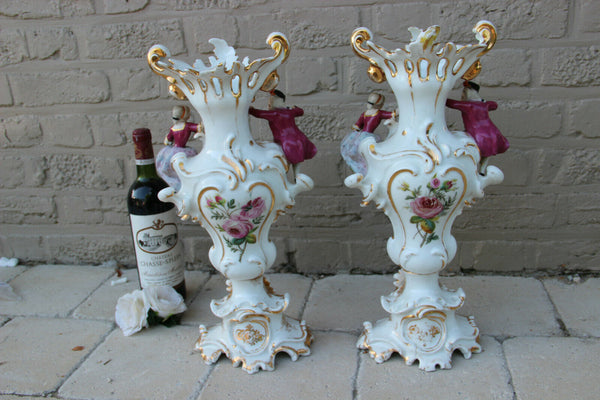 PAIR XL French vieux paris porcelain vases figurines birds floral Attr. petit