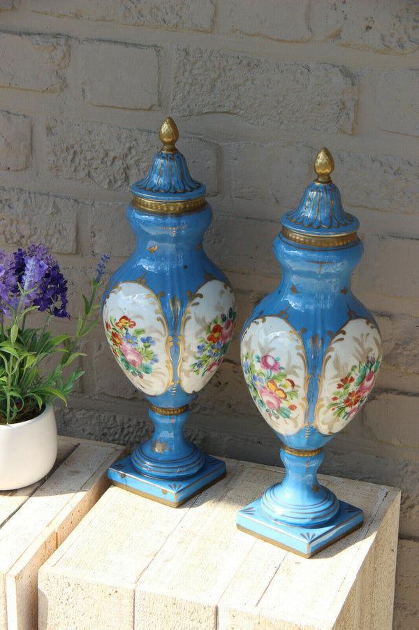 Antique PAIR French vieux paris pastel blue hand paint floral decor Vases