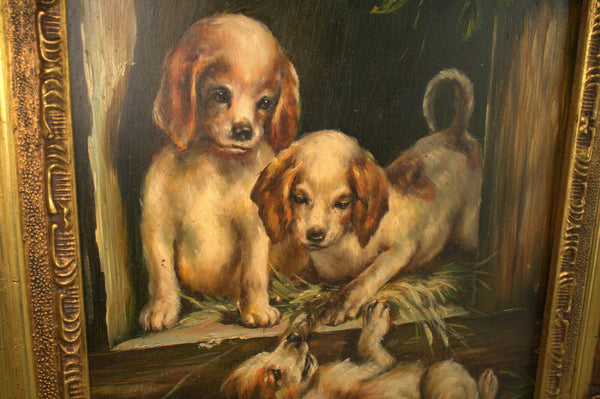 Gorgeous Oil on panel Painting dogs puppies playing signed 1950's