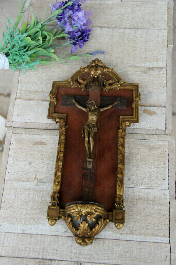 LARGE antique French bronze wood Holy water font crucifix cross Religious