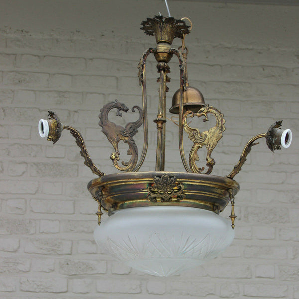 Antique French Gothic 3 Arm dragon Castle chandelier crystal glass coupe lamp