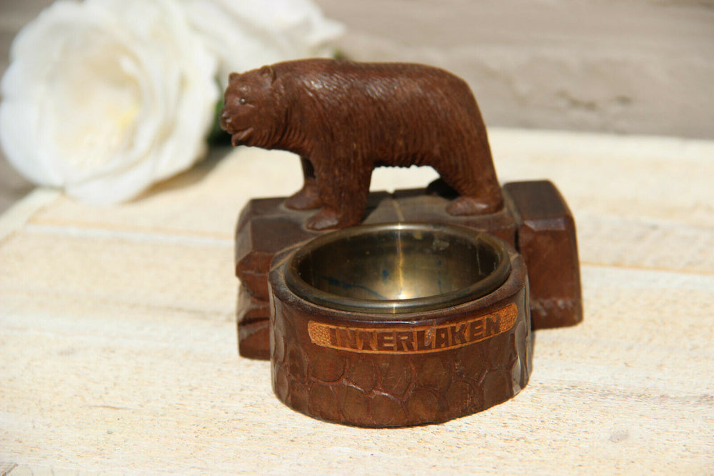 Antique hand Black forest wood carved swiss bear statue ashtray interlaken
