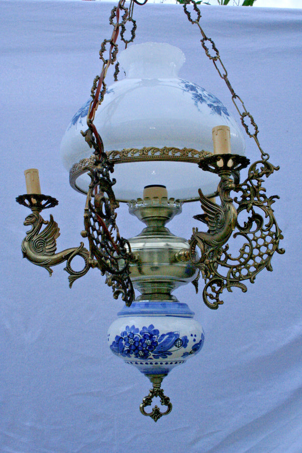 Unusual 60's  Blue white delft faience glass Metal Dragons gothic chandelier