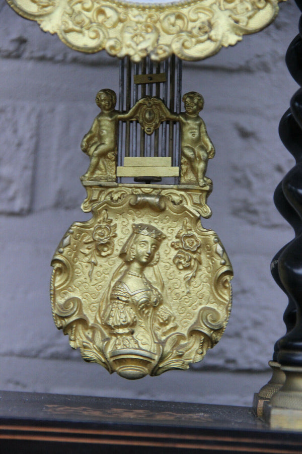 Huge antique wood carved inlaid barley twist column Clock putti angel